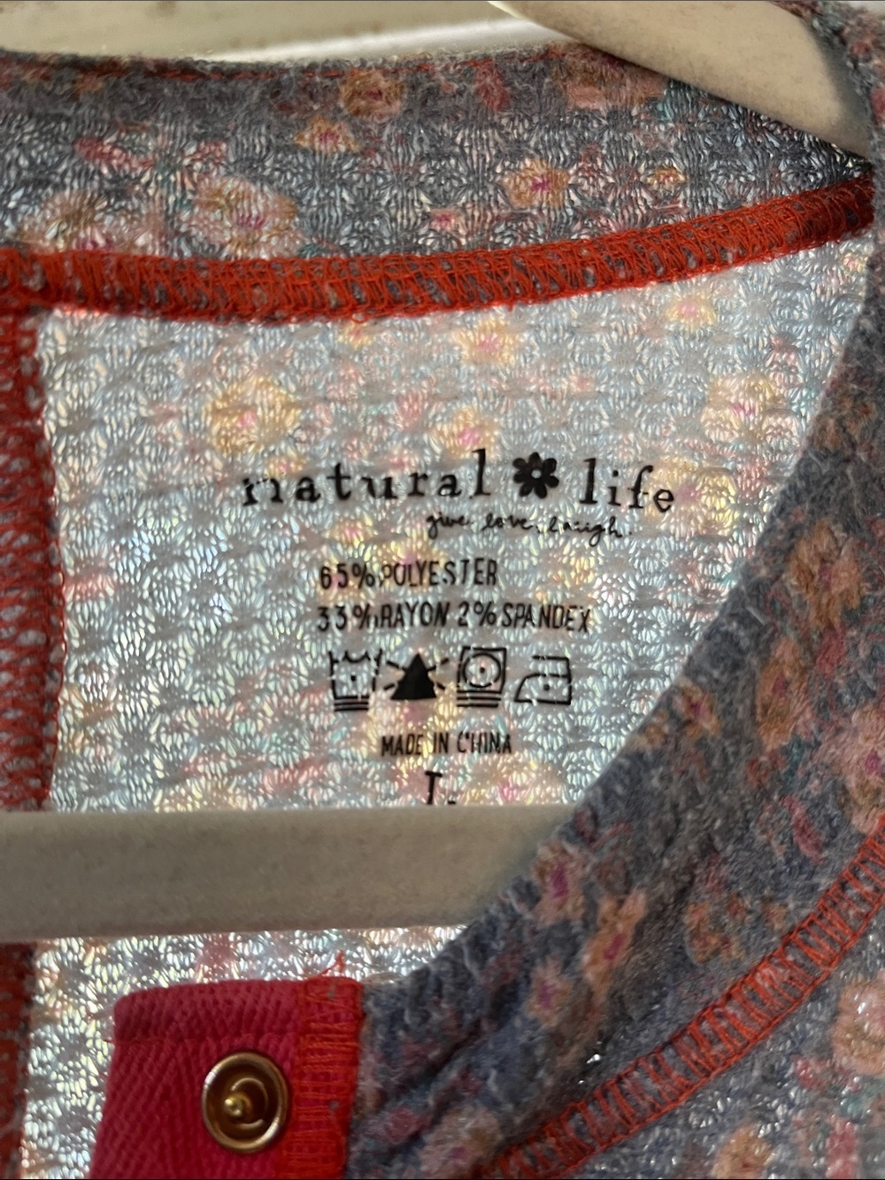 NATURAL LIFE Blue Floral Waffle Henley with Hot Pink Trim - Picture 4 of 5